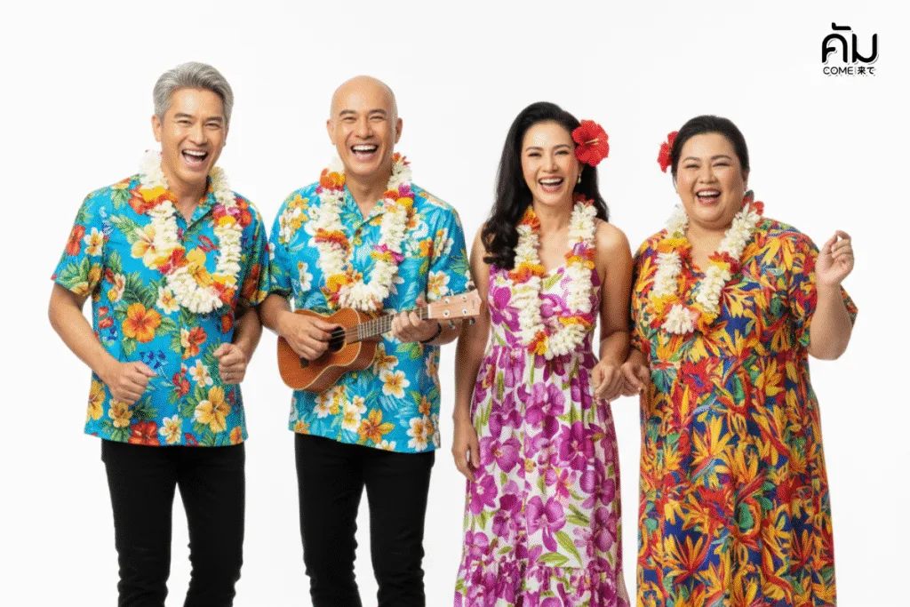 กลุ่มผู้สูงวัย 4 คนสวมเสื้อลายดอกและพวงมาลัยดอกไม้ในธีมงานเกษียณ 'Aloha Party' สำหรับการจัดเลี้ยงที่ขอนแก่น