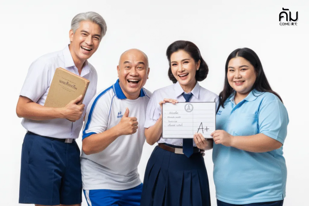 กลุ่มผู้สูงวัย 4 คนในชุดนักเรียนย้อนวัย ถ่ายภาพสำหรับธีมงานเกษียณ 'Back to School' ที่ร้านคัม ขอนแก่น