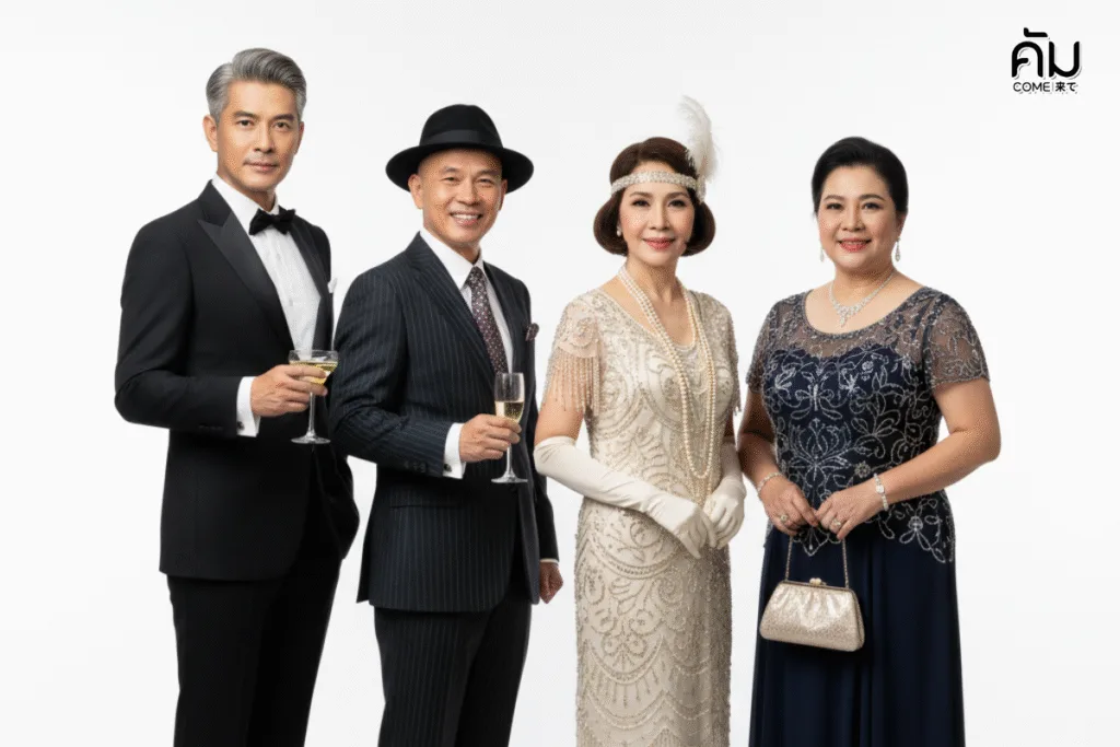 ธีมงานเลี้ยงเกษียณ 'The Great Gatsby' สุดหรูหรา แสดงภาพผู้ใหญ่ 4 ท่านในชุดสไตล์ยุค 1920s พร้อมเครื่องประดับ