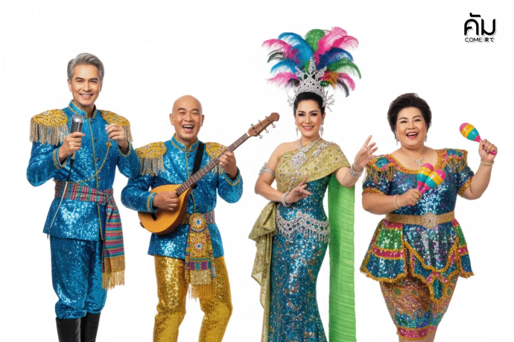 ภาพประกอบธีมงานเกษียณ 'ลูกทุ่งหมอลำออนทัวร์' แสดงผู้ใหญ่ 4 ท่านในชุดหางเครื่องและนักร้องหมอลำอย่างสนุกสนาน