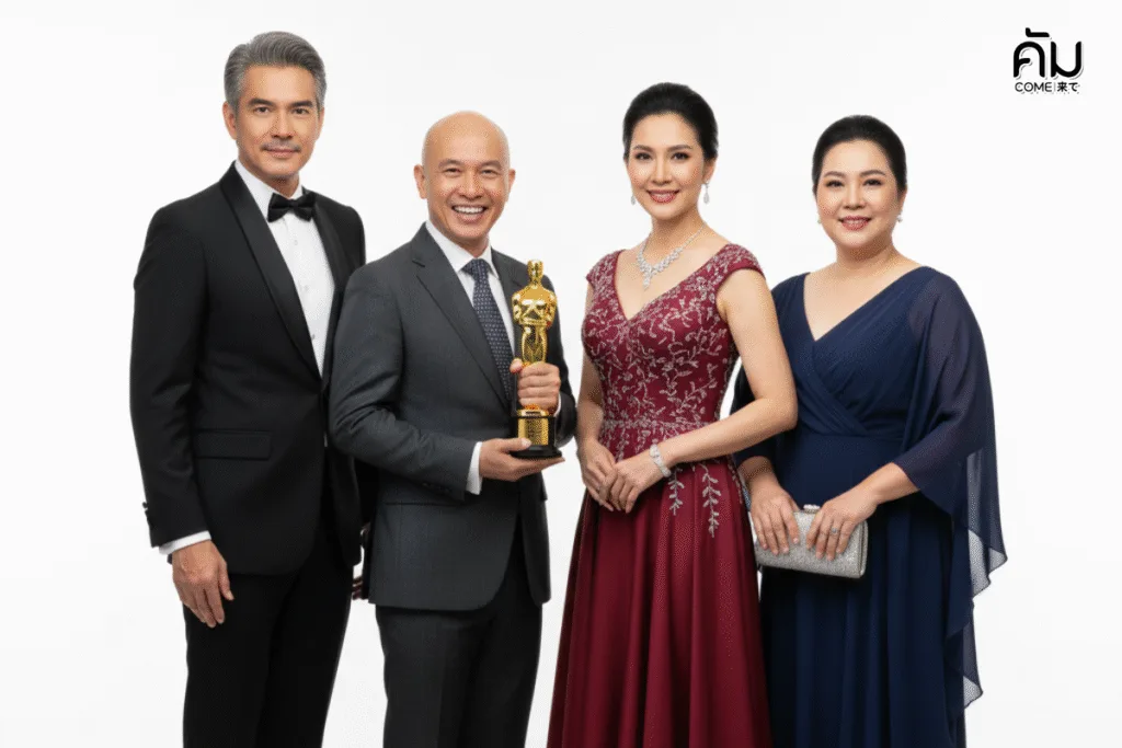 ธีมงานเลี้ยงเกษียณหรูหรา 'Oscar Night' ที่ขอนแก่น กับภาพผู้ใหญ่ 4 ท่านในชุดราตรีและทักซิโด้พร้อมถ้วยรางวัล