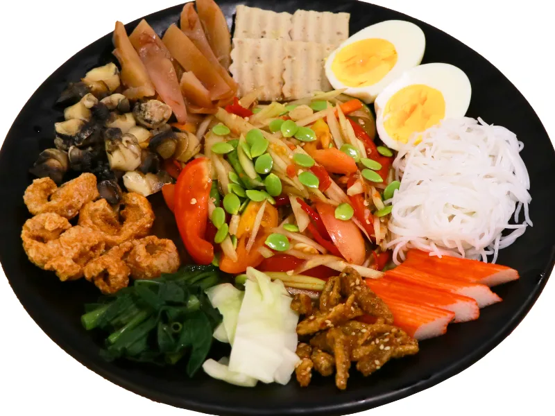 ตำคำโป่ม (ตำถาด) ส้มตำถาดใหญ่เสิร์ฟพร้อมเครื่องเคียงแน่นๆ ขนมจีน แคบหมู ไข่ต้ม ร้านคัม ขอนแก่น Tam Kam Pom (Spicy Papaya Salad Platter) at Come Khon Kaen