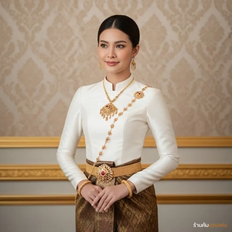 เจ้าสาวชุดไทยบรมพิมาน เสื้อแขนยาวคอตั้งสีครีม ผ้าไหมปักดิ้นทอง เข็มขัดทองประดับเพชร สร้อยทอง ทรงผมไทยเกล้า พื้นหลังพระราชวัง