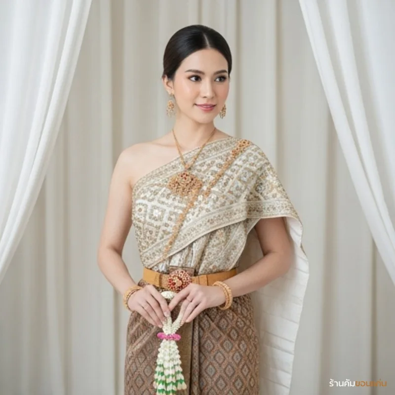 เจ้าสาวชุดไทยจักรี สไบพาดไหล่ผ้าไหมครีมปักทองเงิน ผ้าถุงลายไทย ถือพวงมาลัยดอกไม้ขาว ต่างหูทอง ทรงผมไทยเกล้า ฉากม่านขาว