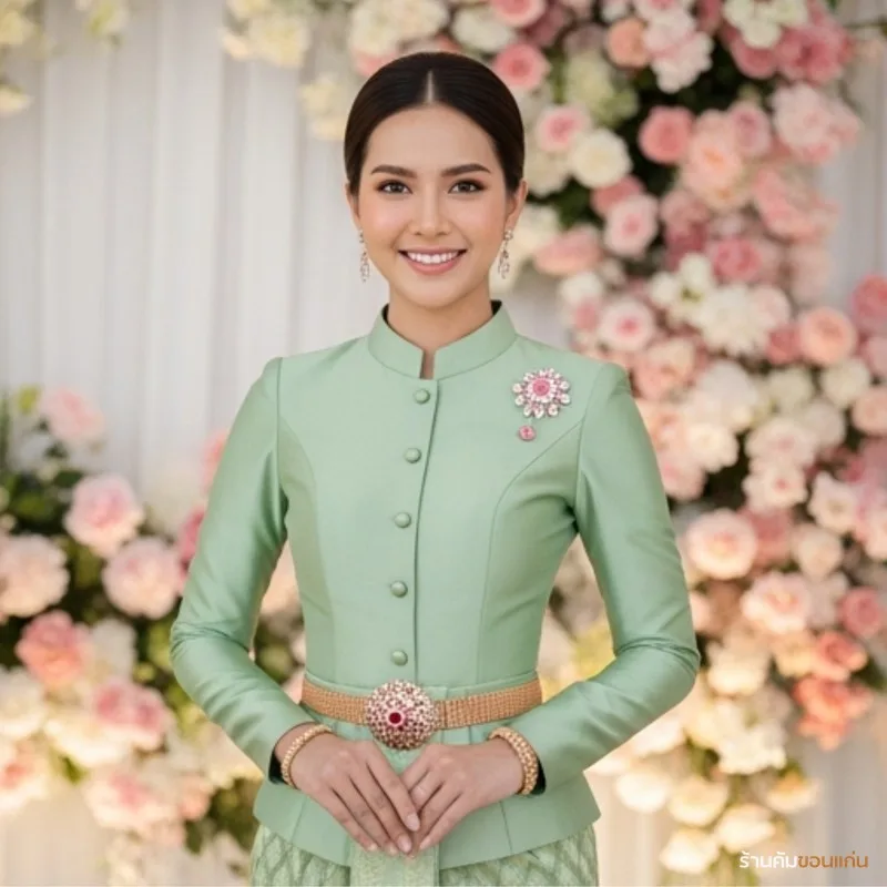 เจ้าสาวชุดไทยจิตรลดา เสื้อแขนยาวสีเขียวพิสตาชิโอคอกลมกระดุมหน้า เข็มกลัดพลอยชมพู ผ้าถุงไหมเขียวอ่อน ทรงผมไทยเกล้า พื้นหลังดอกไม้พาสเทล