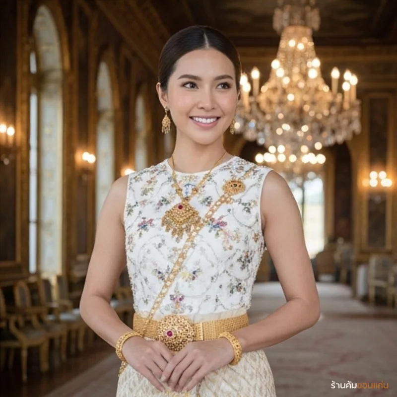 เจ้าสาวชุดไทยดุสิต เสื้อสีขาวแขนกุดคอกลม เข็มขัดทองประดับเพชร สร้อยทอง ผ้าถุงไหมทองลายไทย ทรงผมไทยเกล้า พื้นหลังพระราชวังโคมระย้า