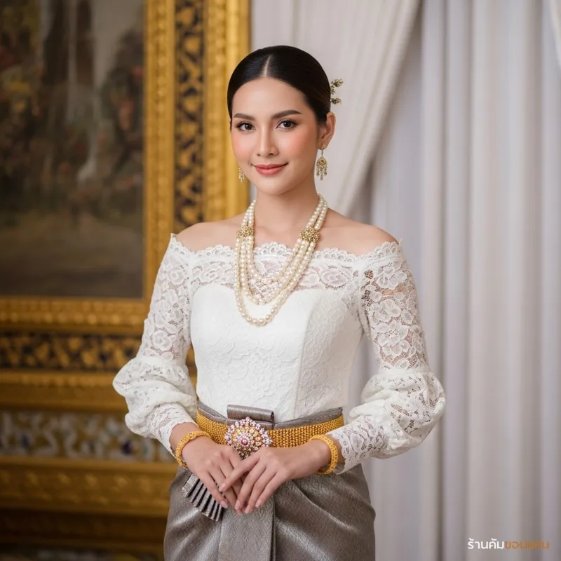 เจ้าสาวชุดไทยประยุกต์สไตล์โมเดิร์น เสื้อลูกไม้ขาวเปิดไหล่แขนพอง สร้อยไข่มุกหลายชั้น ผ้าถุงไหมไทยสีเทาเงิน เข็มขัดน้ำตาล ทรงผมไทยเกล้าร่วมสมัย พื้นหลังพระราชวัง